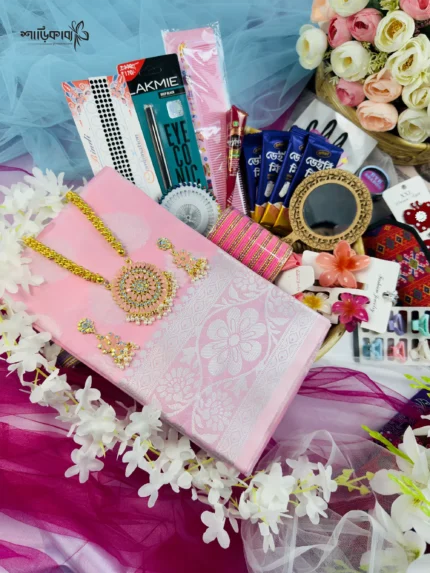 🩷 গোলাপি কাতান শাড়ি-প্রিমিয়াম ২৭টি গিফট কম্বো